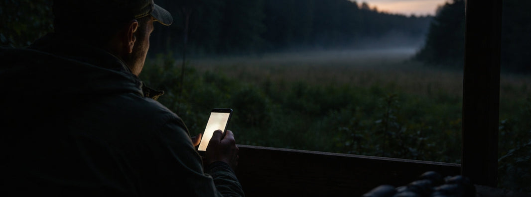 Dominic auf einer Kanzel in der Abenddämmerung mit Smartphone in der Hand als Titelbild zum Beitrag über Jagd im Netz